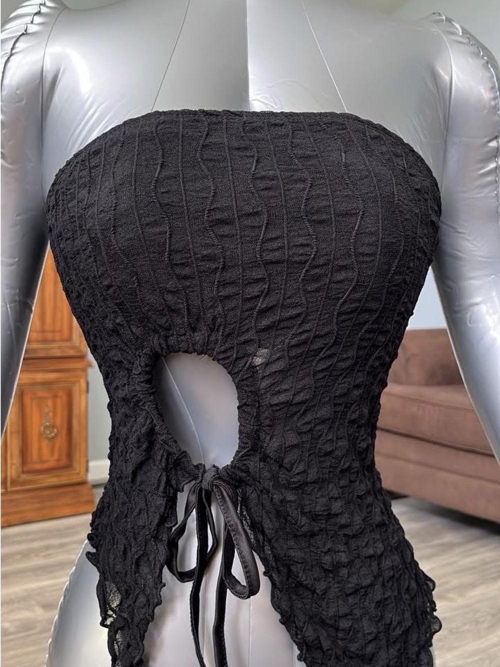 Black Textured Strapless Cutout Tie-Back Top